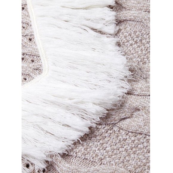 Amur Ulla Fringe Merino Wool Cable Knit Sweater With Fringe Detail Beige Sz Medi - Picture 14 of 15